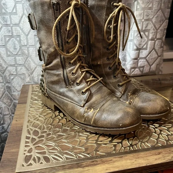 Brown Lace-Up Combat Boots - Picture 2 of 10